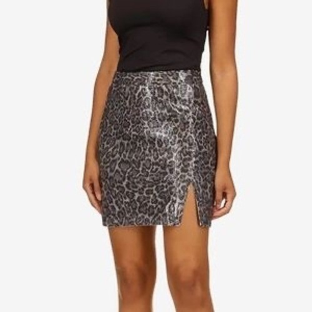 Michael Kors Womens Grey Leopard Sequin Mini Skirt Side Slit Size L
